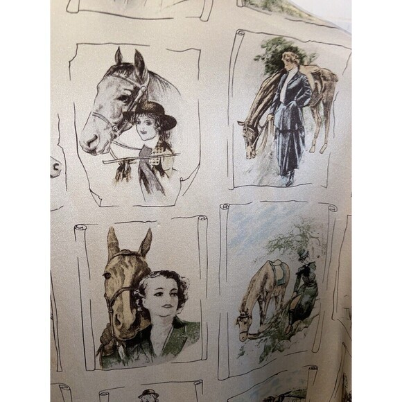 Vintage Ishyu Shirt Womens 12 Cream Silk Equestrian Horse Print Button Front 90s - Picture 9 of 15